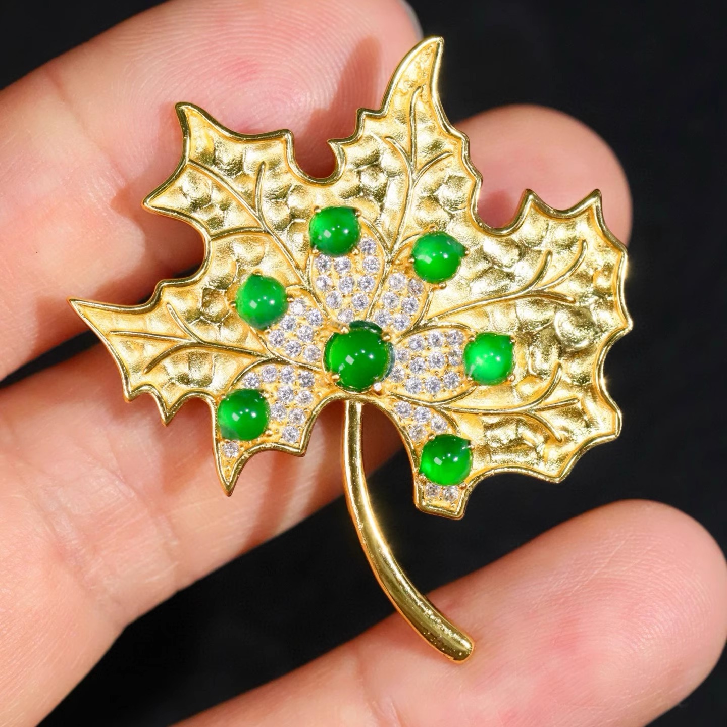 通体925纯银镀金天然A货翡翠辣绿枫叶胸针吊坠两用款女款