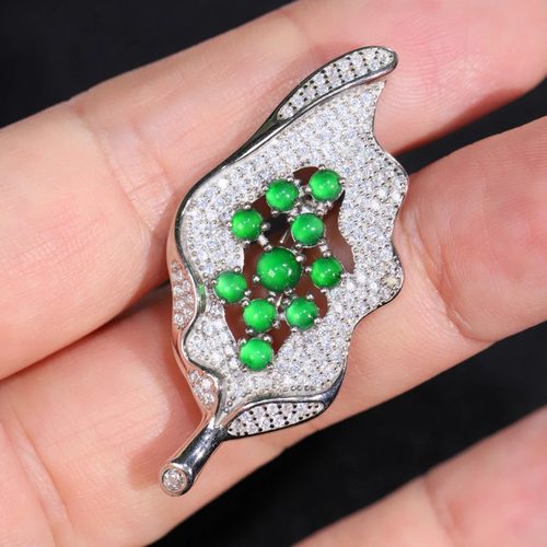 通体925纯银天然A货翡翠冰种豪华满钻叶子吊坠胸针 两用女款