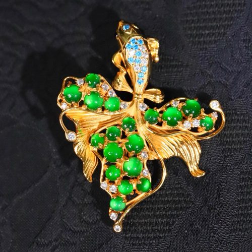 通体925纯银镀金天然A货翡翠金鱼年年有余胸针吊坠两用款冰种辣绿