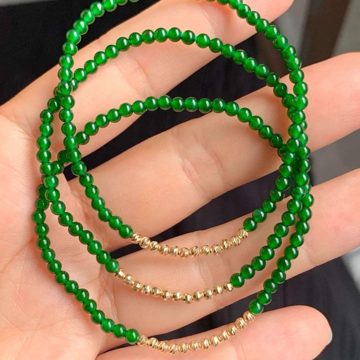18K金天然A货翡翠满绿手链女款项链阳绿小米珠 金珠手串