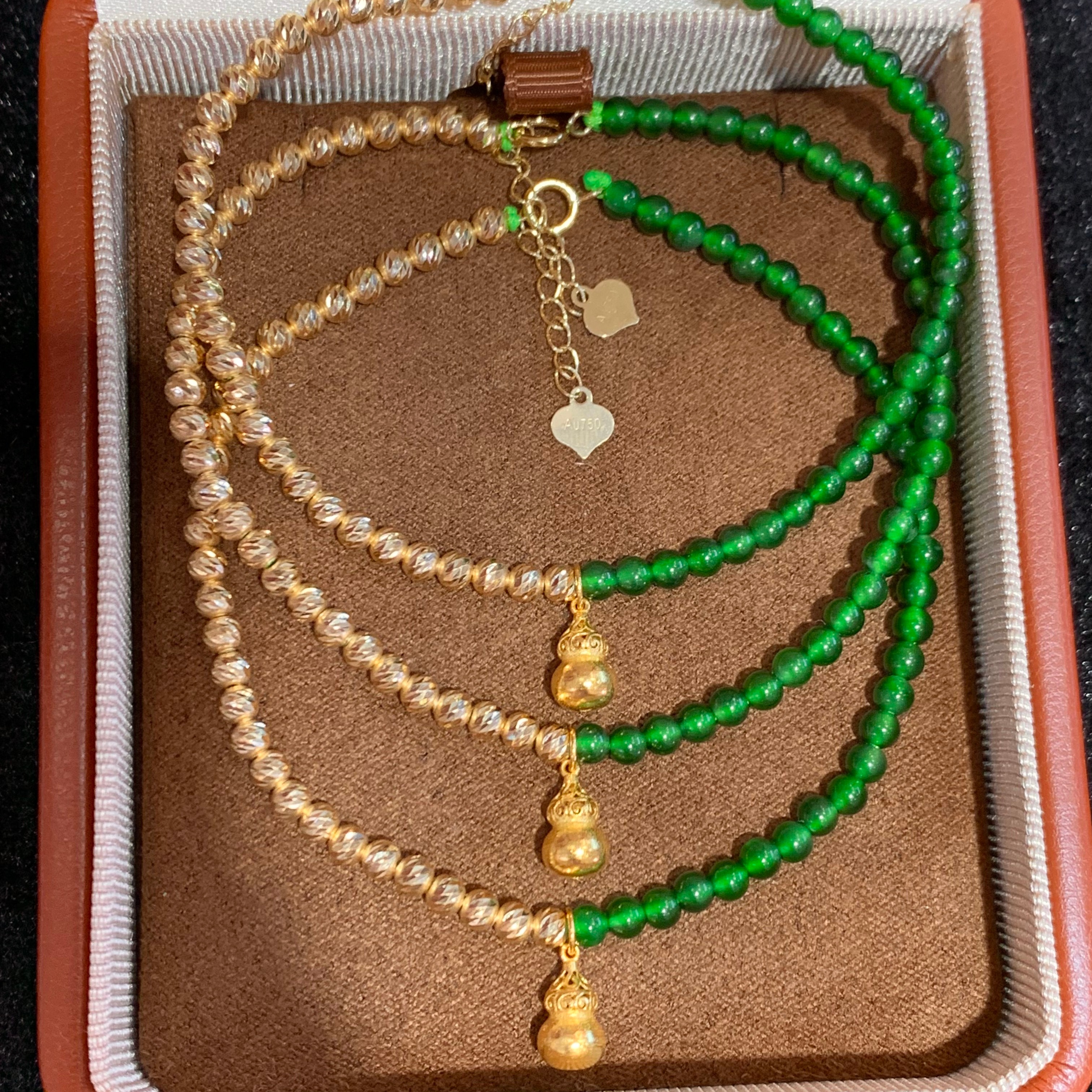 18K金天然A货翡翠满绿手链女款手串阳绿镂空葫芦 半金半链
