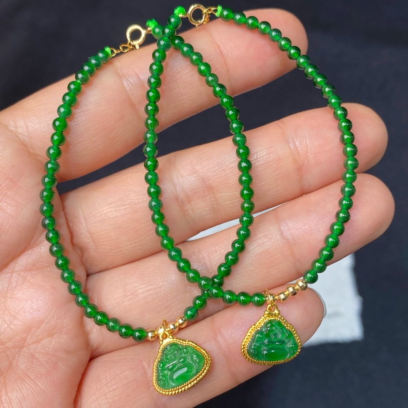 天然高冰种佛公翡翠手串国风小米珠辣绿玉石手链18K金新中式古风
