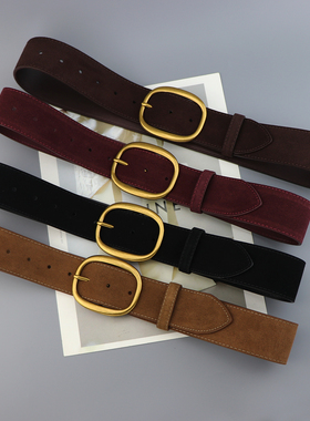 秋冬时尚ins风棕色真皮腰带女二层牛皮绒面装饰裤带皮带2025新款