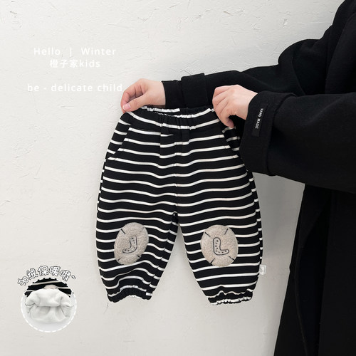 男宝宝冬款洋气条纹加绒束脚裤子