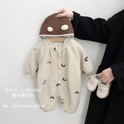 婴儿冬季韩版刺绣加绒保暖连体衣