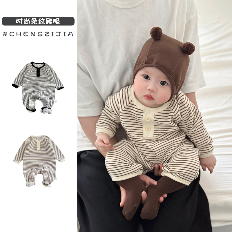 韩国婴儿休闲条纹爬服洋气哈衣新款男女宝宝春秋长袖薄款连体衣潮