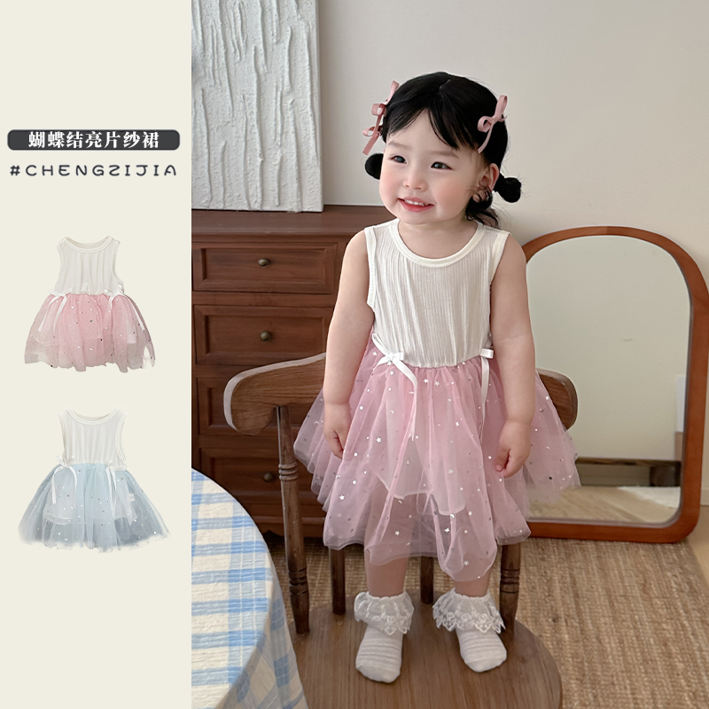 女童夏季新款花边蝴蝶结连衣裙