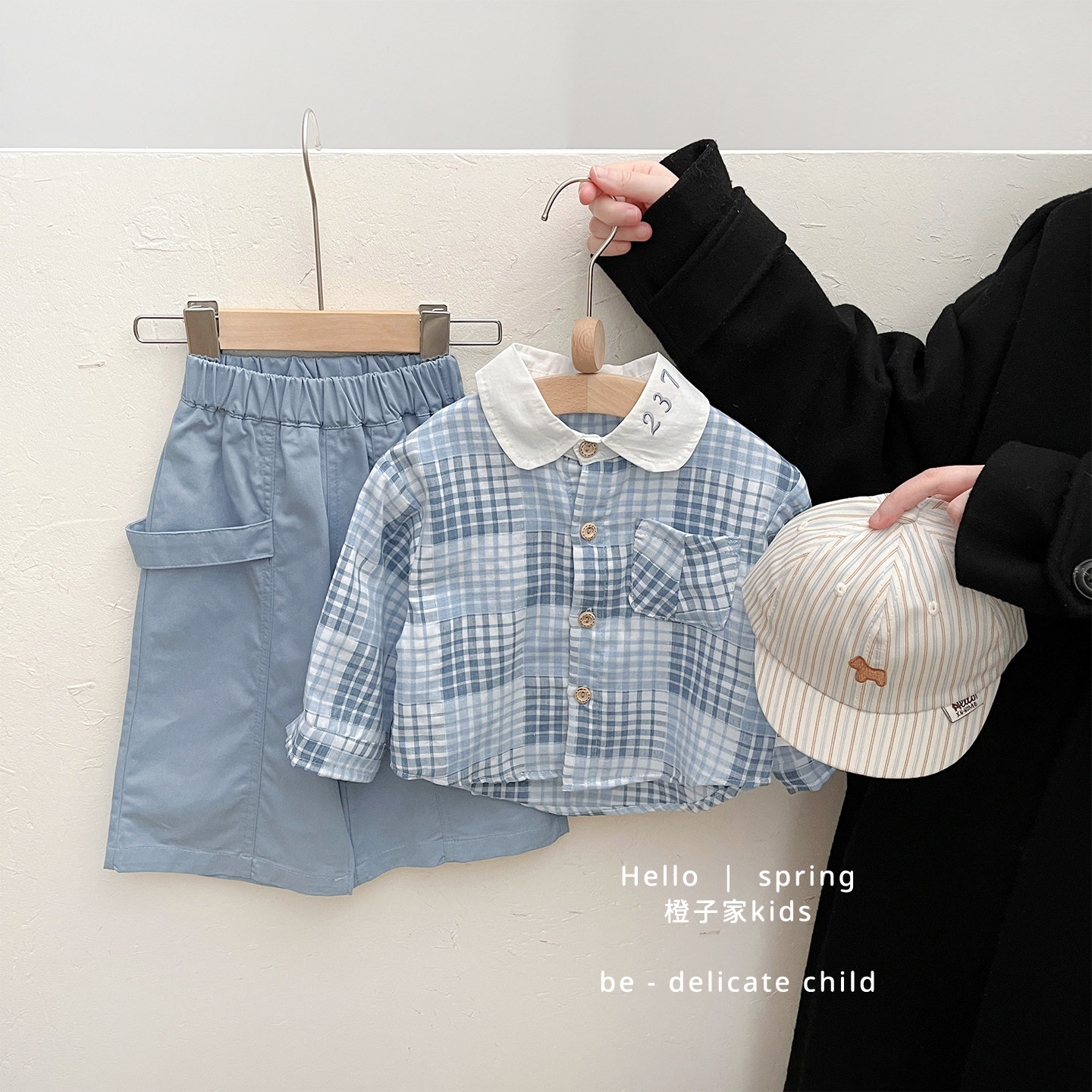 男童春秋装格子衬衫套装男宝宝韩系翻领长袖衬衣婴儿宽松直筒裤子