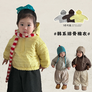女宝宝冬款 纯色加厚保暖棉服婴幼儿洋气连帽外套女童外出棉衣 韩版