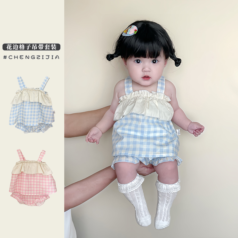 女童夏装甜美格子吊带花苞裤套装