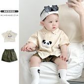 套装 新款 婴儿洋气T恤女宝宝卡通熊猫薄衣服 衬衫 短裤 男童夏季 短袖