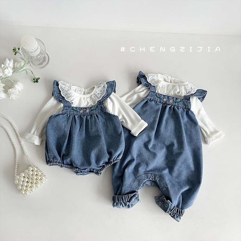 婴儿春秋装女宝宝荷叶边内搭上衣牛仔背带裤套装女童打底衫两件套,童装/婴儿装/亲子装,套装,淘宝优惠券,粉丝福利购,淘宝优惠卷