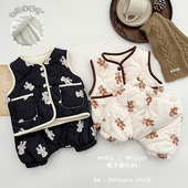 韩系男童冬装 洋气女宝宝卡通小熊加绒外穿背心两件套 夹棉马甲套装