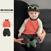 百搭分体两件套 婴儿拼色休闲T恤复古休闲裤 2026新款 男童春秋套装