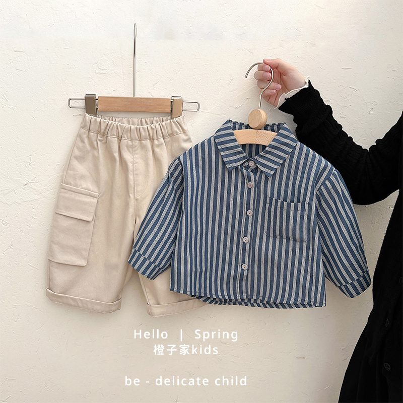 男童衬衫春秋装牛仔外套条纹衬衣