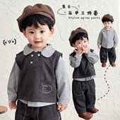 坎肩马甲婴儿宽松休闲裤 男宝宝复古格子衬衫 英伦风套装 男童春秋装
