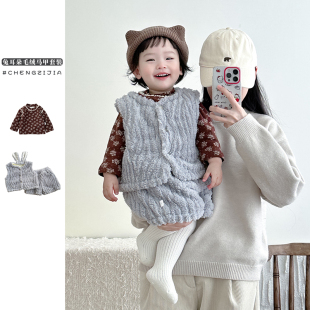 背心套装 打底衫 婴儿童装 马甲外套短裤 冬季 女宝宝毛绒保暖衣服无袖