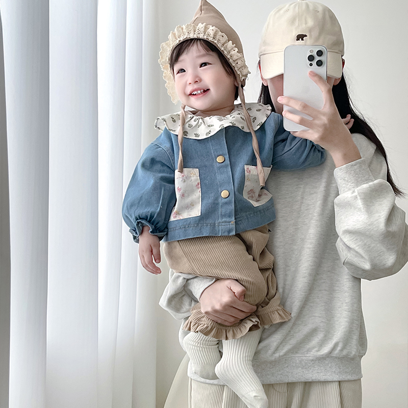 女童秋冬套装软牛仔外套开衫婴儿洋气碎花打底衫宝宝休闲百搭裤子