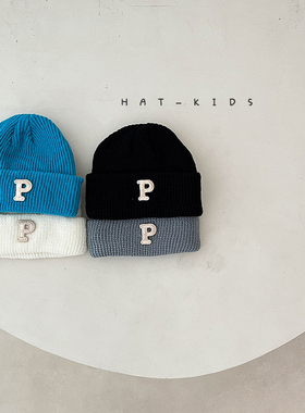 ins婴幼儿针织帽子翻边帽保暖百搭秋冬季P字母男女童翻纯色加厚冬