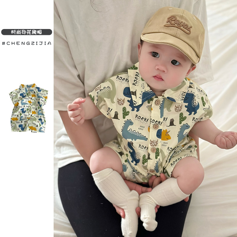 夏季男宝宝花衬衫连体衣婴儿薄款可爱卡通翻领爬服女孩短袖哈衣潮