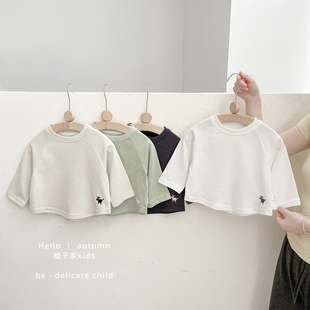 衣服 宝宝宽松休闲上衣女童纯色长袖 男童春秋装 洋气百搭圆领打底衫