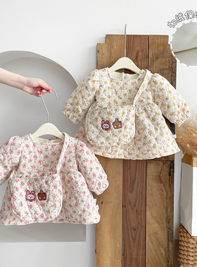 女童夹棉碎花加绒连衣裙宝宝冬季裙子婴儿长袖加厚保暖公主裙送包