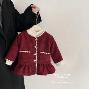 女童年服红色呢绒外套宝宝秋冬包边小香风长袖外套周岁服生日礼服