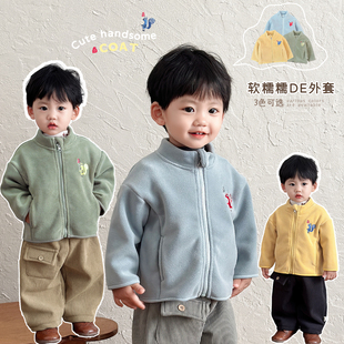 男童秋冬季洋气刺绣外套男宝宝韩系双面绒立领上衣婴幼儿百搭衣服