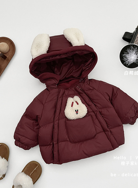 女童新年羽绒服冬季宝宝可爱小兔子连帽大红色加厚保暖白鸭绒外套