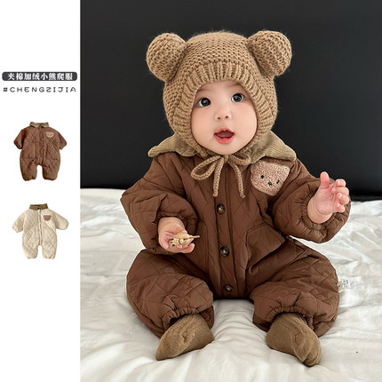 婴儿冬装连体衣男童加绒加厚爬服女宝宝洋气夹棉哈衣保暖外出衣服