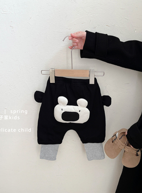 男童春秋款洋气假两件裤子男宝宝可爱卡通大PP裤婴儿韩系休闲长裤