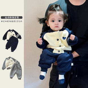 子 男童韩系加厚保暖外套婴儿加绒帅气束脚裤 女宝宝冬款 棒球服套装