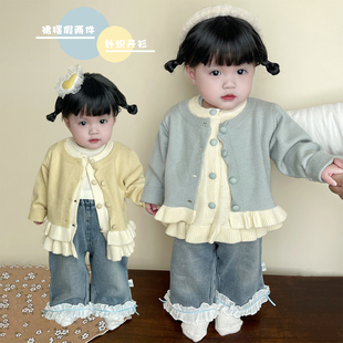 女宝宝春秋季甜美假两件针织开衫女童韩版时尚毛衣婴幼儿拼接衣服