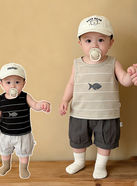 男童夏季可爱休闲背心男宝宝薄款套头无袖T恤婴幼儿洋气条纹上衣