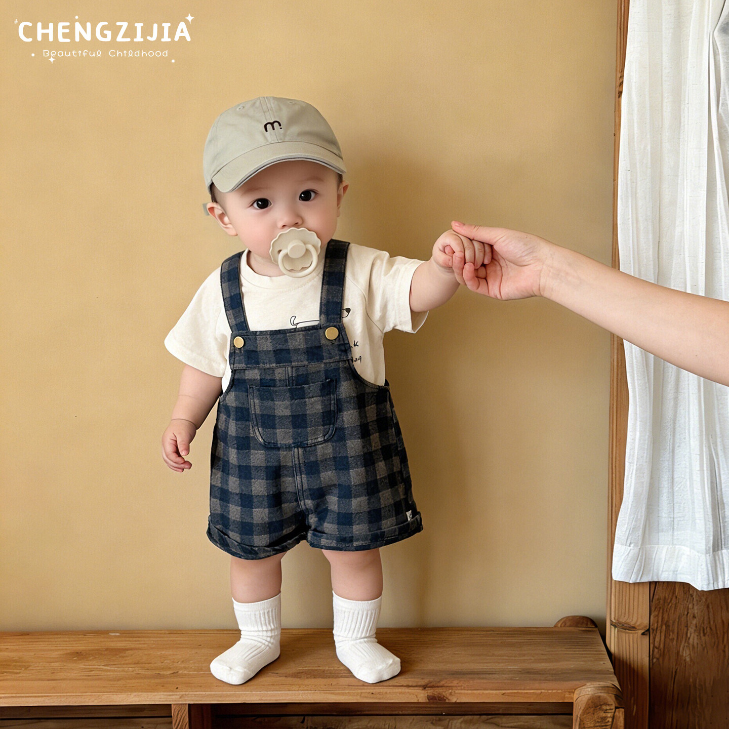 男宝宝夏装格子背带裤套装男童卡通印花薄款短袖T恤婴儿连体短裤