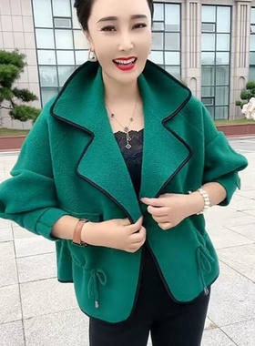 2025新款妈妈装短款收腰外套中年宽松毛呢西装领双面呢针织褂子