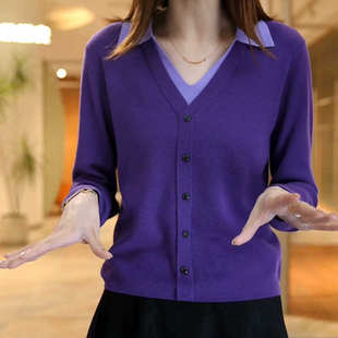 2025年春季新款假两件长袖针织衫毛衣女紫色独特漂亮初春单穿上衣