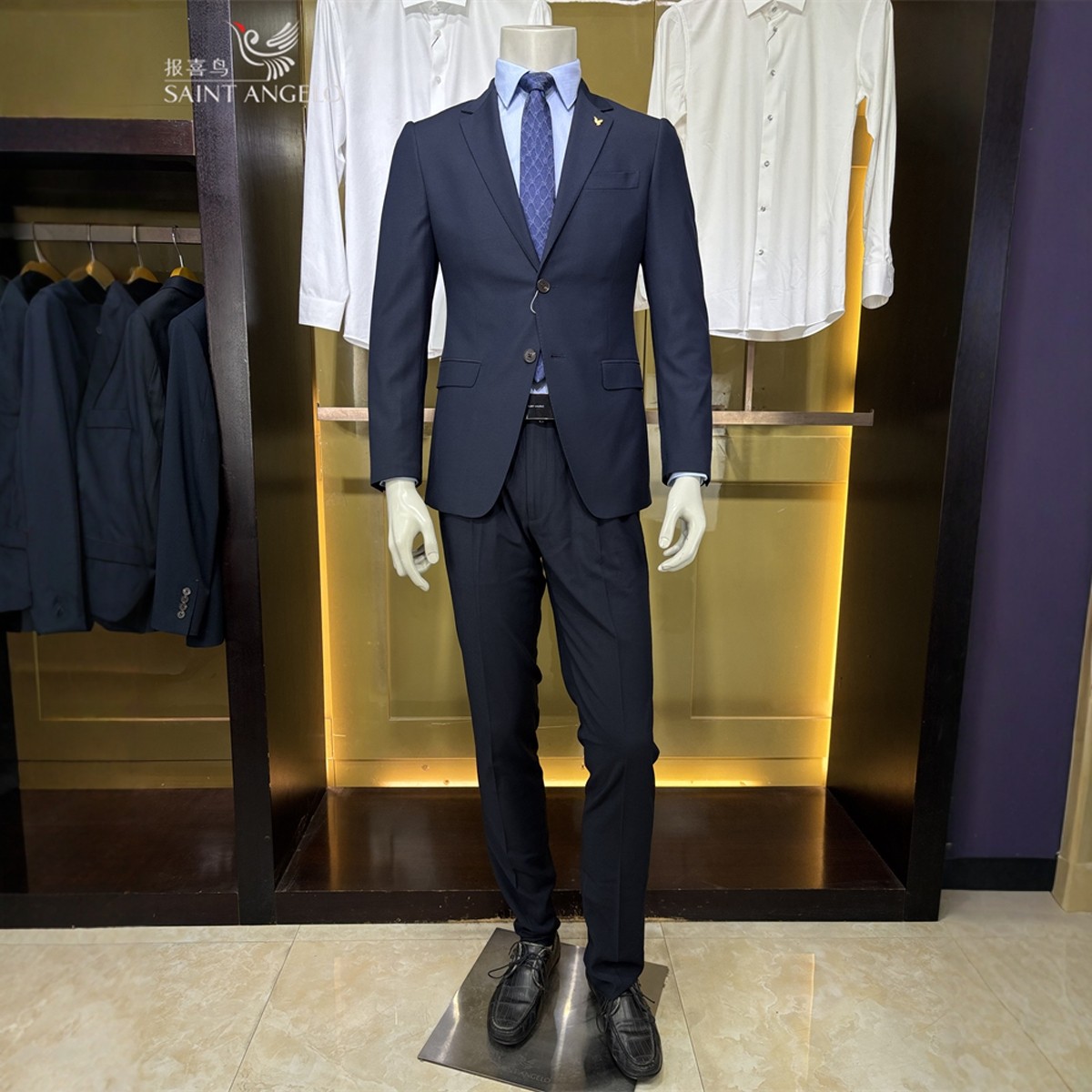 报喜鸟藏青绵羊毛商务休闲男士装秋冬装修身西装套装西服两件套