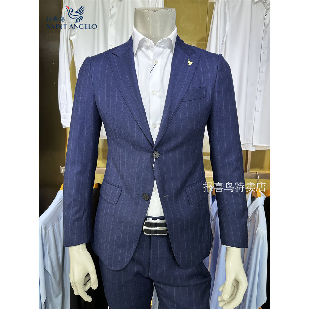 报喜鸟深蓝竖条纹新款绵羊毛厚年轻四季休闲男士修身单西服便西装