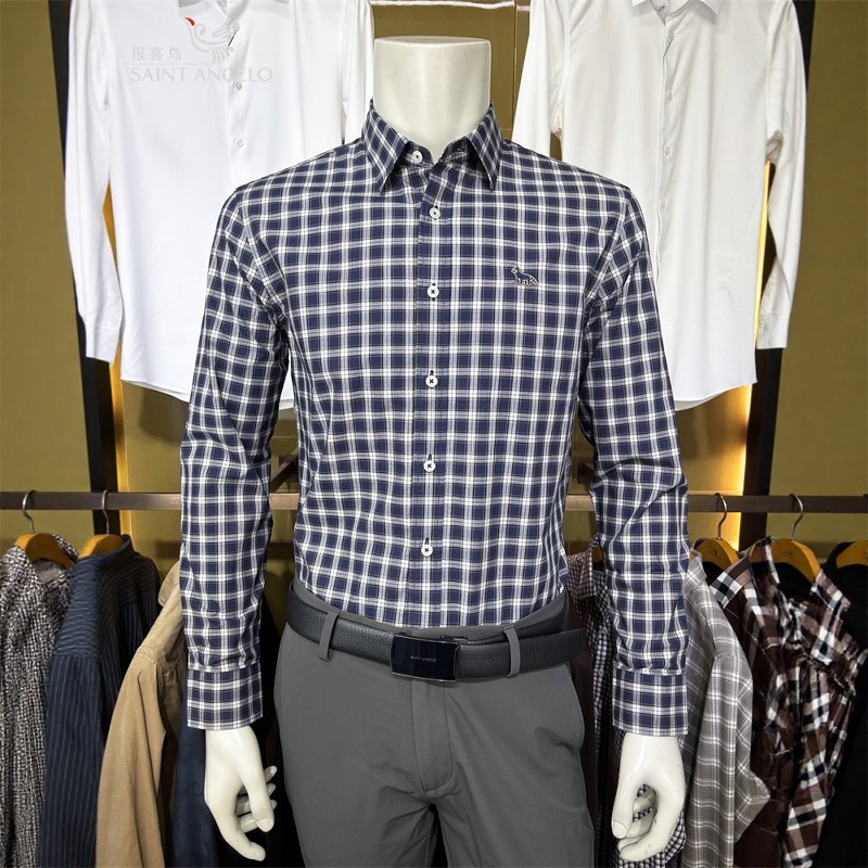报喜鸟亨利格兰深蓝格子英伦风男士亨利格兰正品修身长袖衬衫衬衣