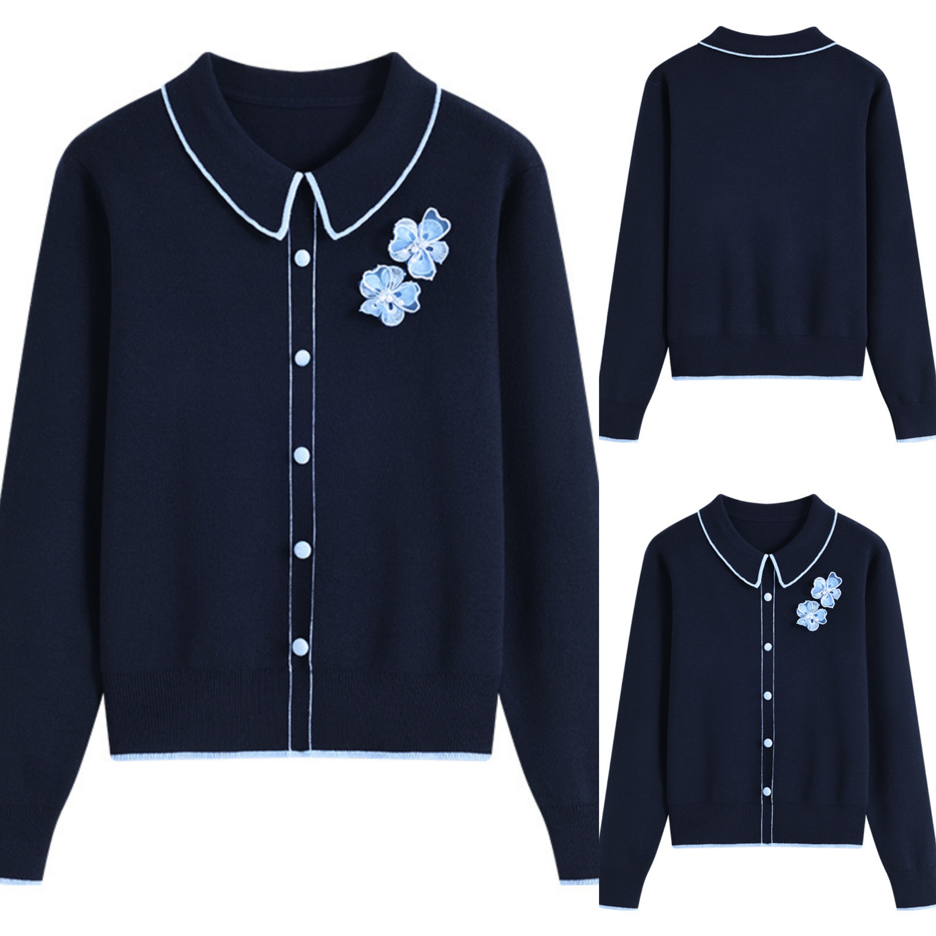 2025年秋冬新款翻领长袖宽松显瘦针织衫女高级感立体花卉钉珠上衣