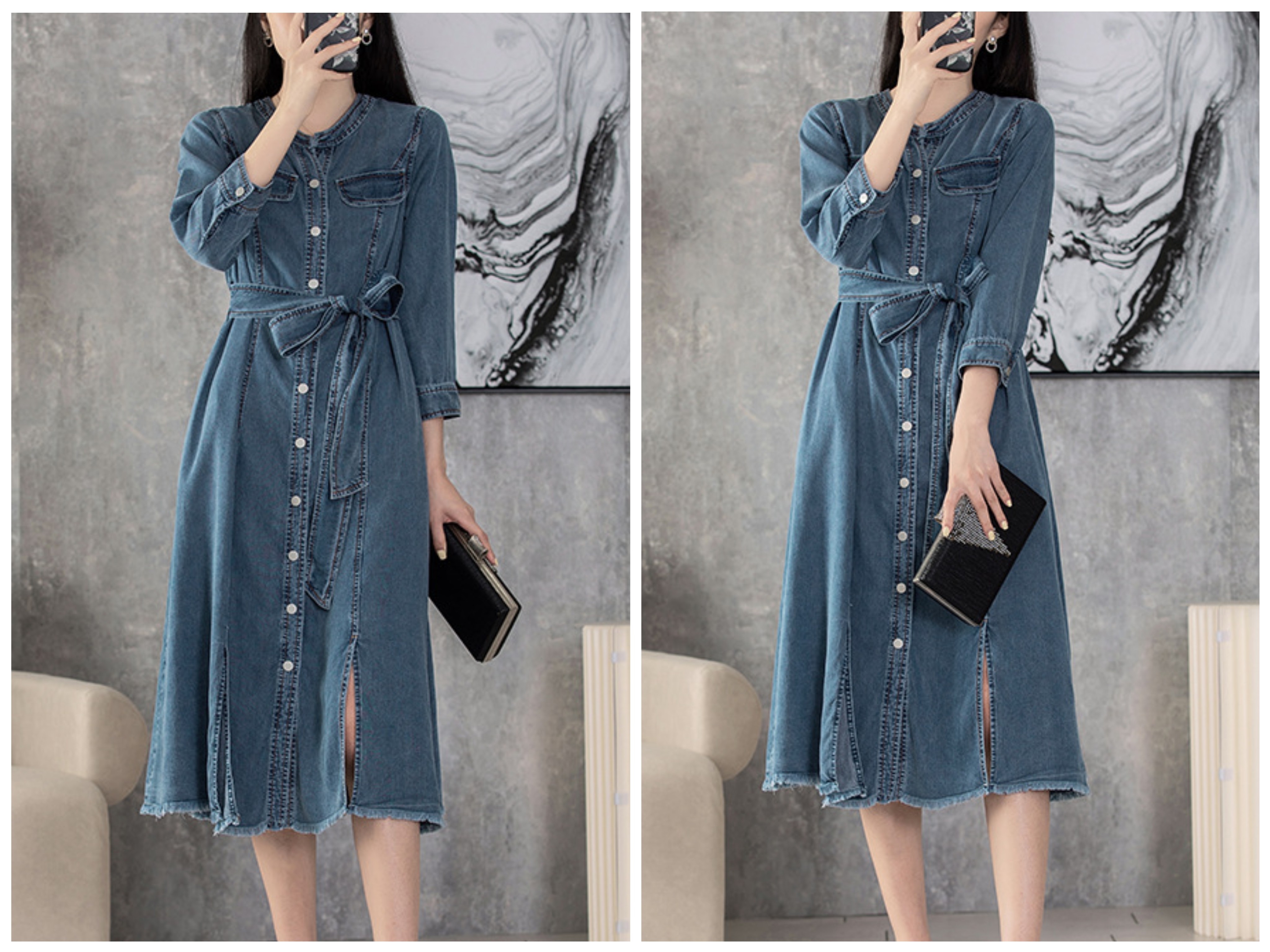 长袖牛仔连衣裙女2025年秋冬新款收腰显瘦气质休闲衬衫裙中长款