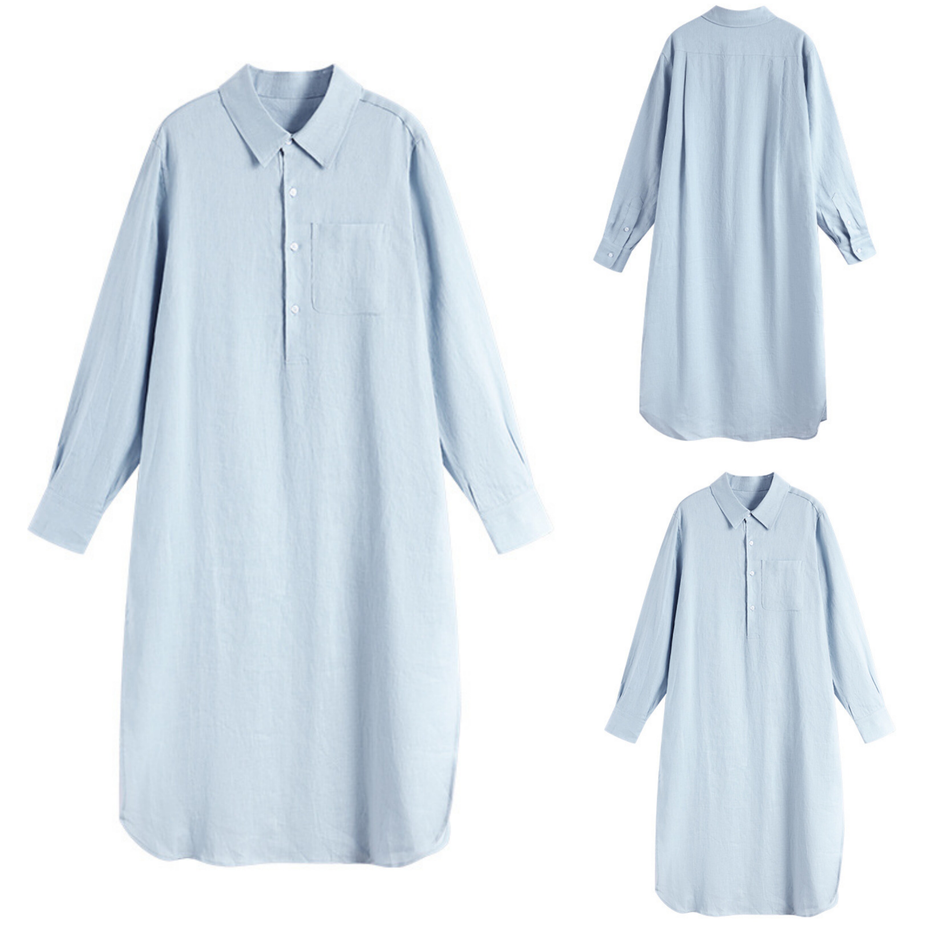 简约翻领长袖蓝色衬衫连衣裙女2025夏季新款高级轻奢中长a字裙子