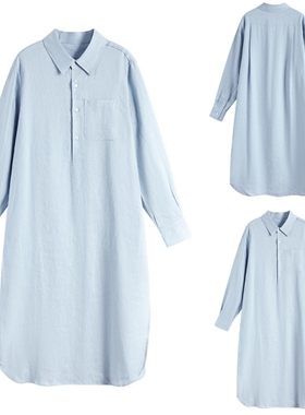 简约翻领长袖蓝色衬衫连衣裙女2025夏季新款高级轻奢中长a字裙子