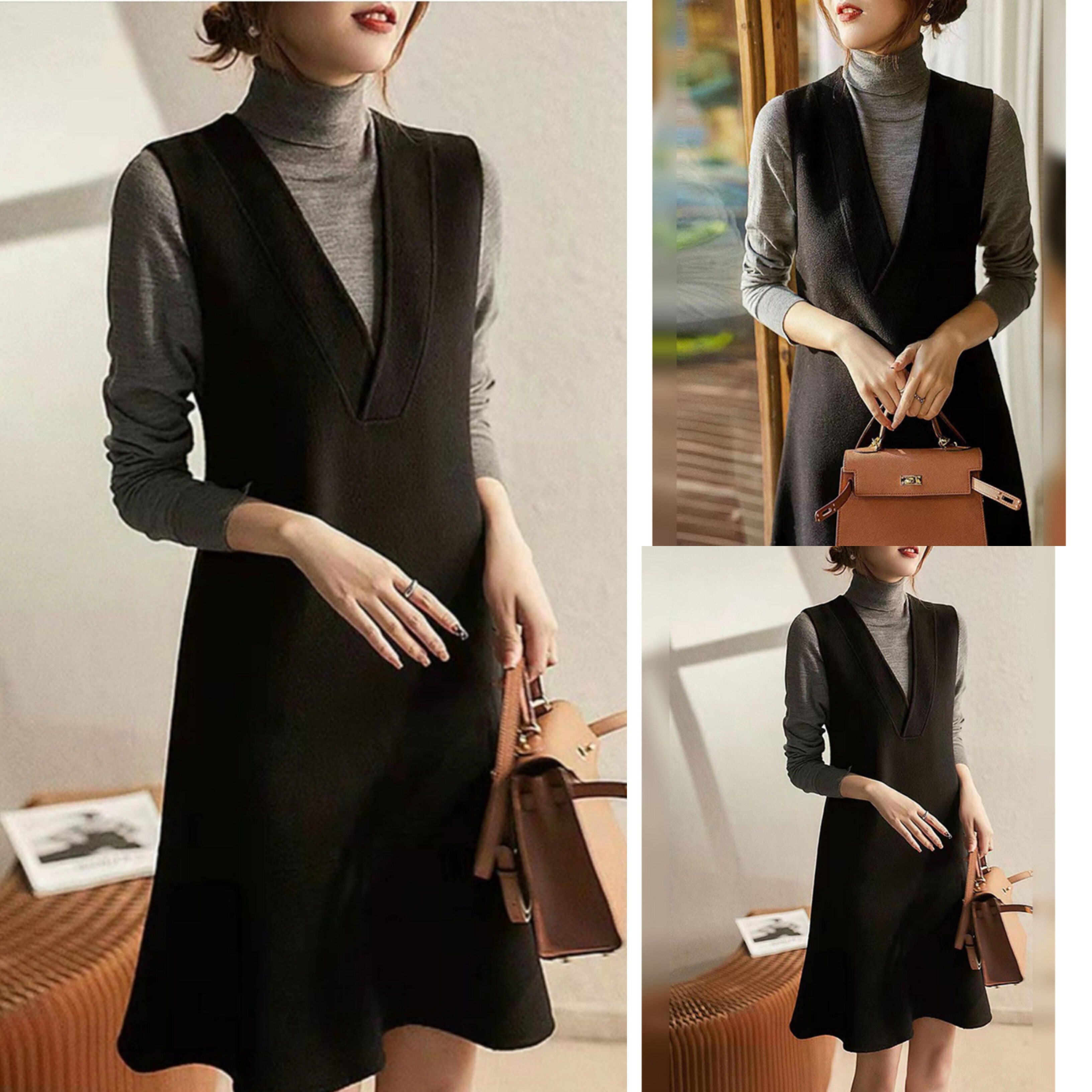 2024秋冬新款v领无袖黑色连衣裙女赫本法式高级轻奢打底a字背心裙