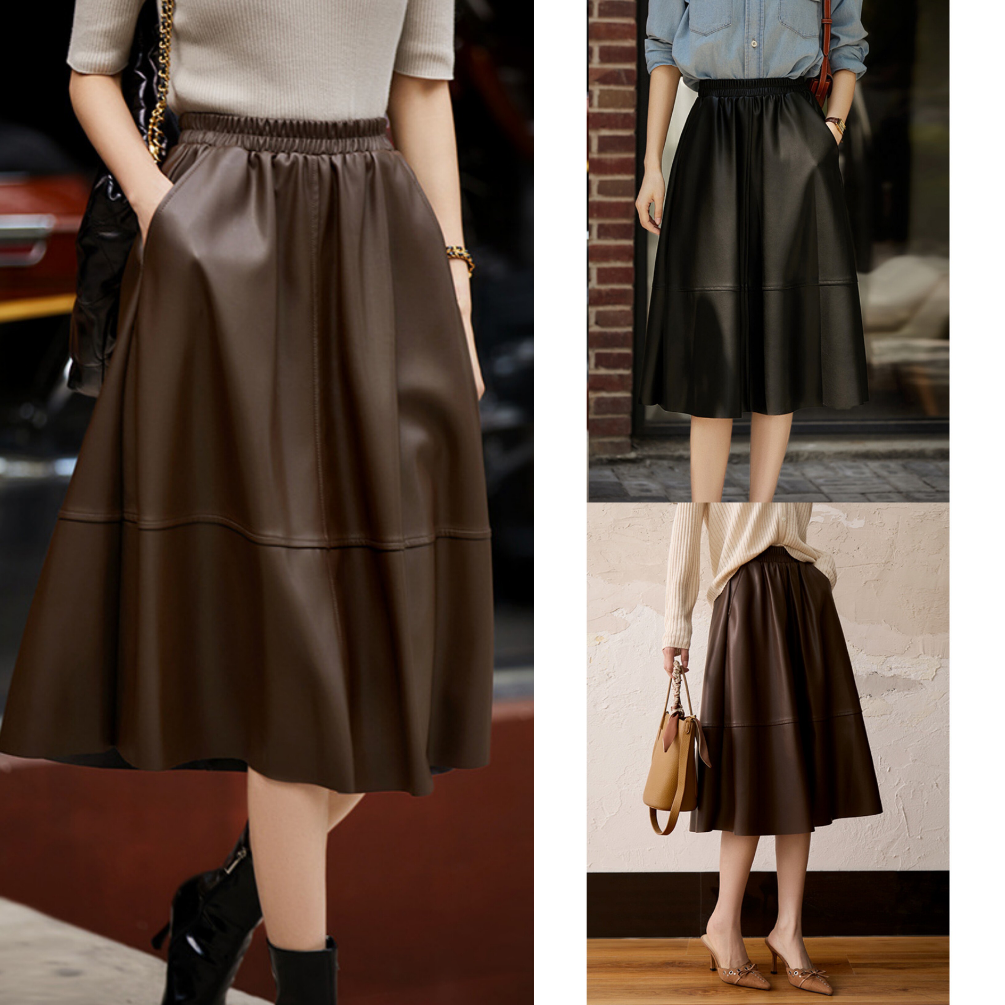 高级感拼接pu皮咖色半身裙女2026春秋新款小个子气质中长a字伞裙