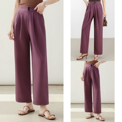【RB定单】设计感半松紧腰亚麻阔腿裤直筒裤女2025年秋季新款长裤