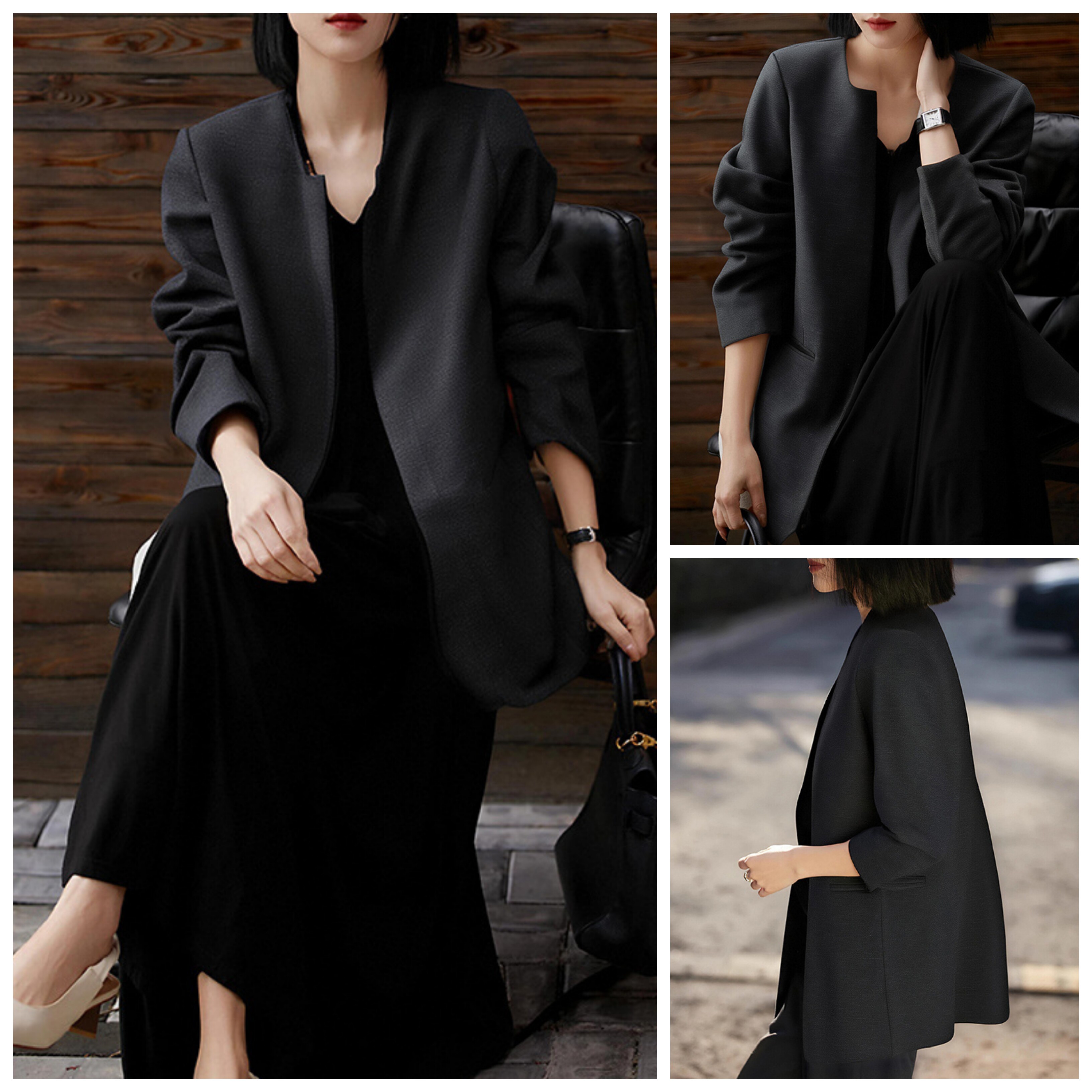 设计感无袖圆领长袖西装外套女早春新款2025高级时尚气质通勤上衣