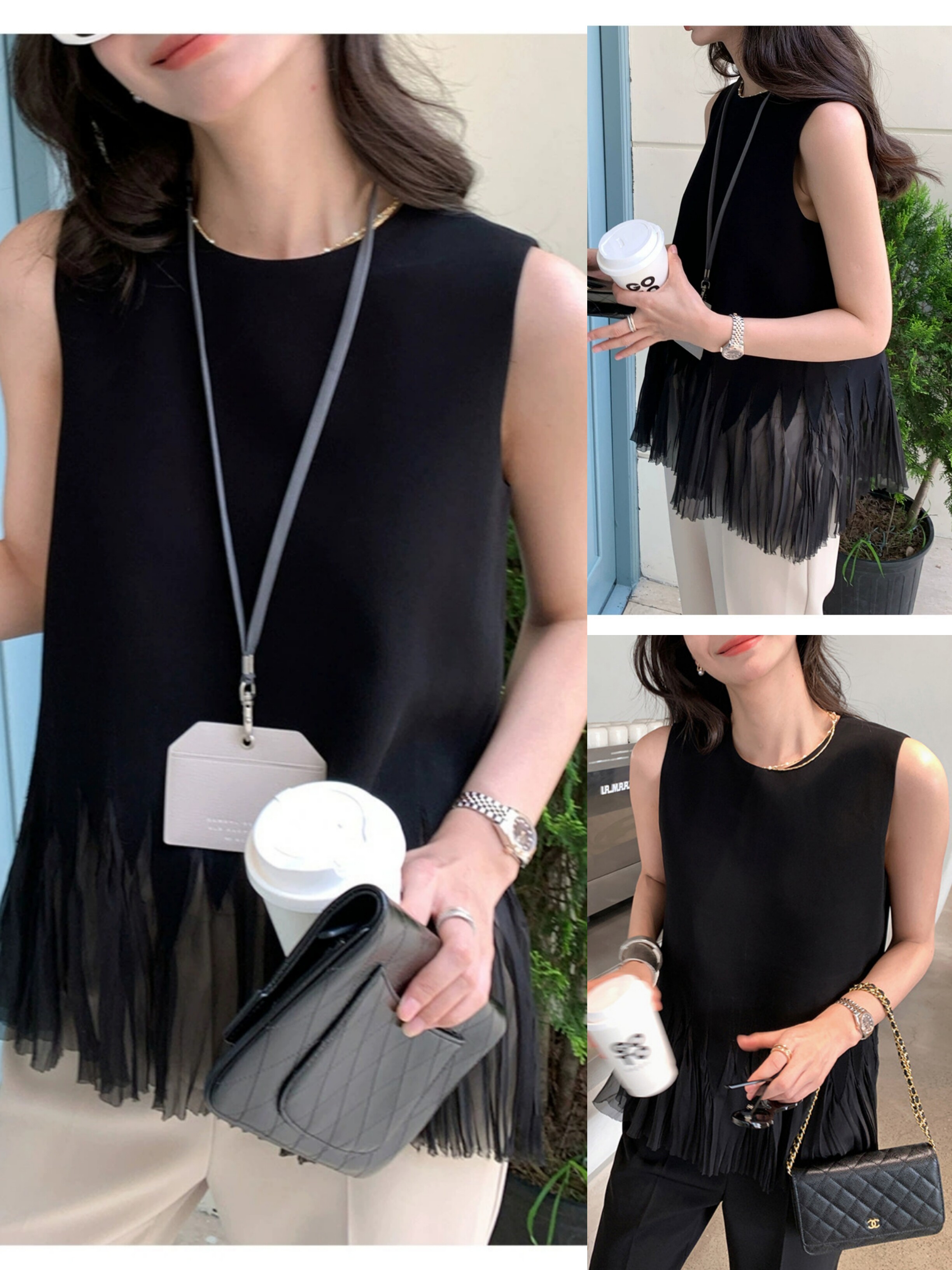 设计感圆领无袖黑色压褶衬衫女夏季新款2024气质显瘦高级背心上衣