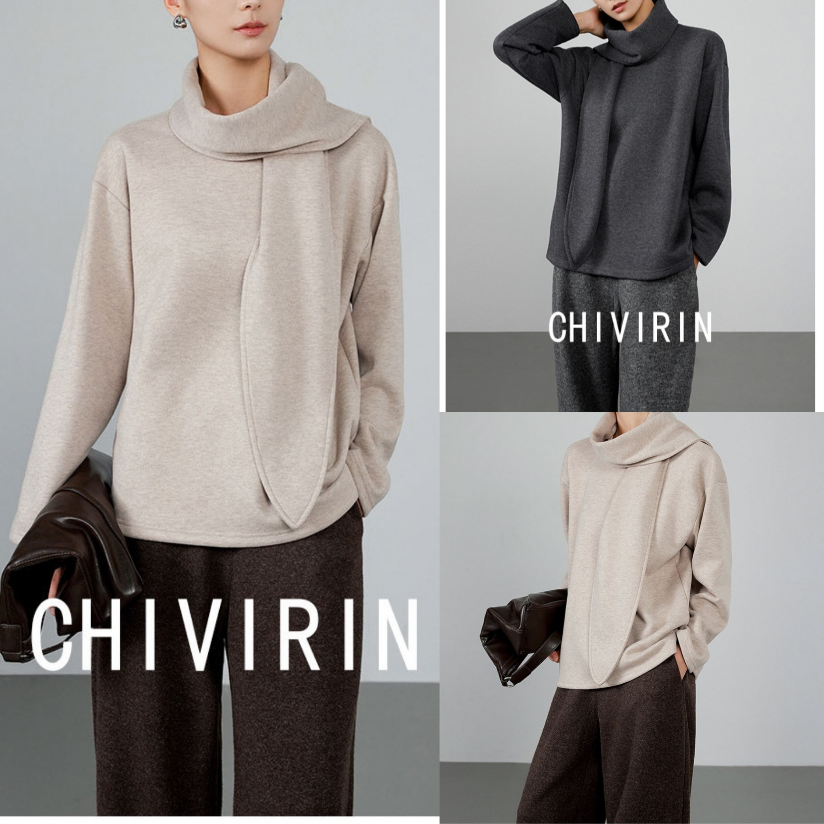 设计感小众围巾领长袖卫衣女2025秋冬季新款高级轻奢气质通勤上衣